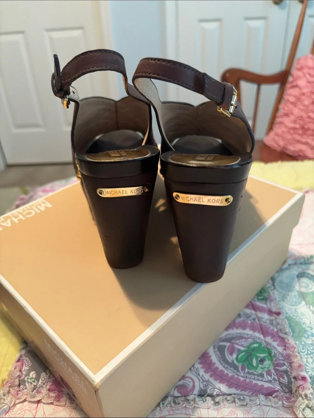 Michael Kors Dark Brown Leather Studded Wedge Sandals—NWOT